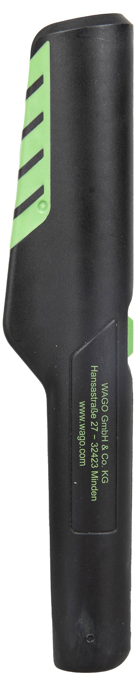 Een zwart en groen handheld apparaat, geëtiketteerd 'Wago Kontakttechnik'. Geschikt voor elektrische of soortgelijke technische toepassingen.