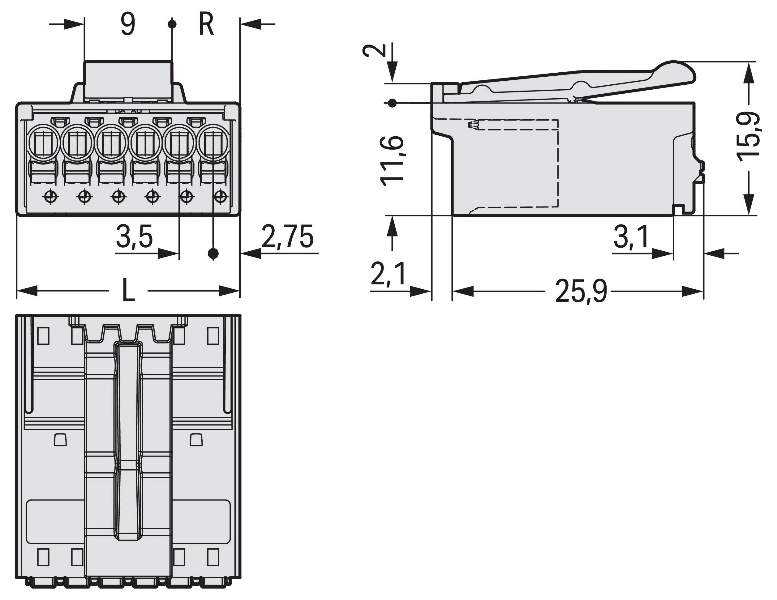 'Schema van een connector met gedetailleerde afmetingen: hoogte 15,9mm, lengte 25,9mm, breedte 9mm; inclusief zijkant- en vooraanzichten.'