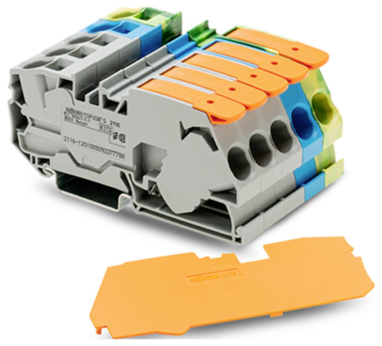 Een grijs en oranje modulair elektrisch onderdeel met hefbomen en connectoren, getoond in gedemonteerde staat. Geschikt voor bedrading en circuitbeheer.