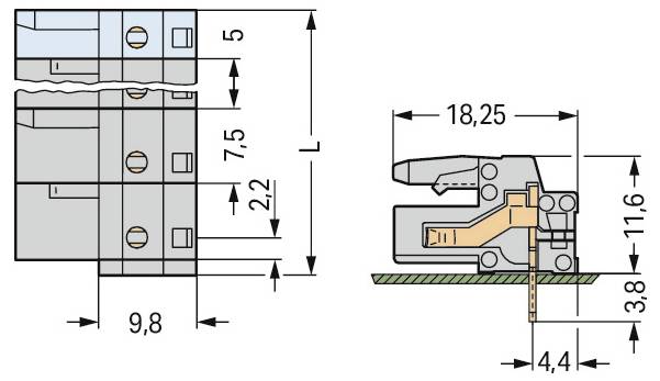 'Technische tekening met afmetingen van een elektrisch component met metingen: lengte 18,25 mm, breedte 9,8 mm, hoogte 11,6 mm.'
