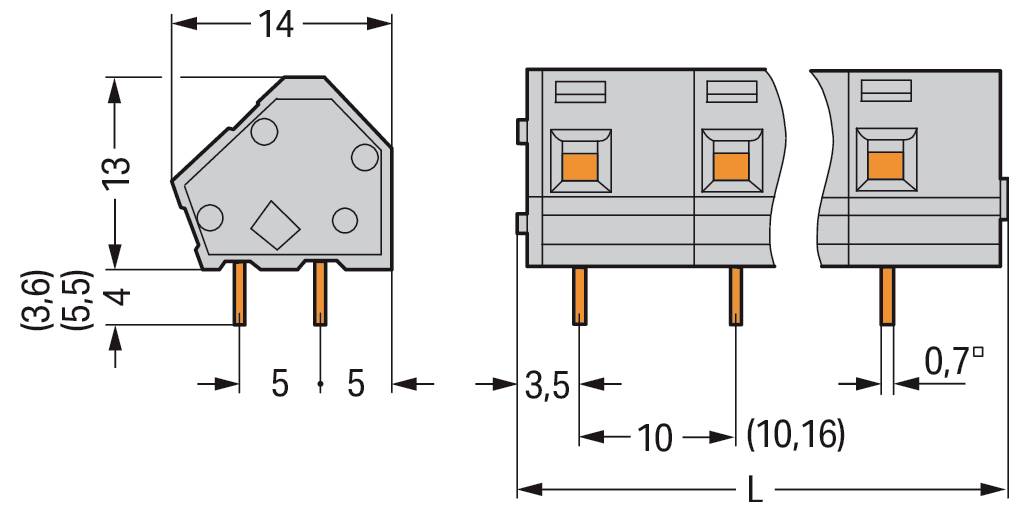 'Technisch diagram van een connector met afmetingen: 13 mm hoogte, 5 mm pinafstand, dieptes van 3,6 mm en 5,5 mm, aangekantelde pinnen onder een hoek van 0,7°.'