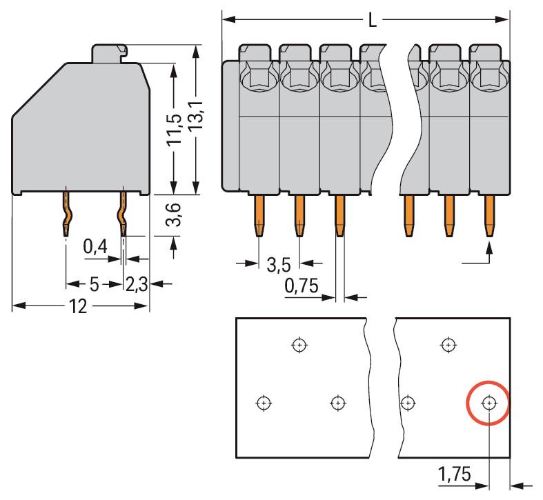 Connectorafmetingen en pinlayout-diagram, met zijkanten onderaanzichten met gelabelde afmetingen: lengte, breedte en pinafstanden.