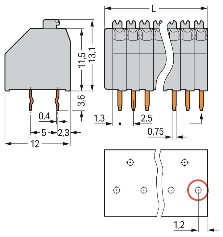 Technische tekening van een 4-pins elektronisch onderdeel met gelabelde afmetingen, waarbij zijkant- en bovenaanzichten worden getoond. Metingen gegeven in millimeters.