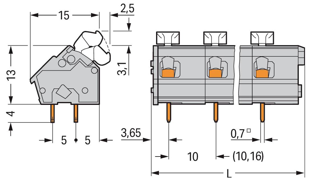 'Technische tekening van elektrische component met afmetingen: hoogte 13 mm, breedte 5 mm, spatiëring 10 mm; met gedetailleerde weergave van connectorpennen en vergrendelingsmechanismen.'