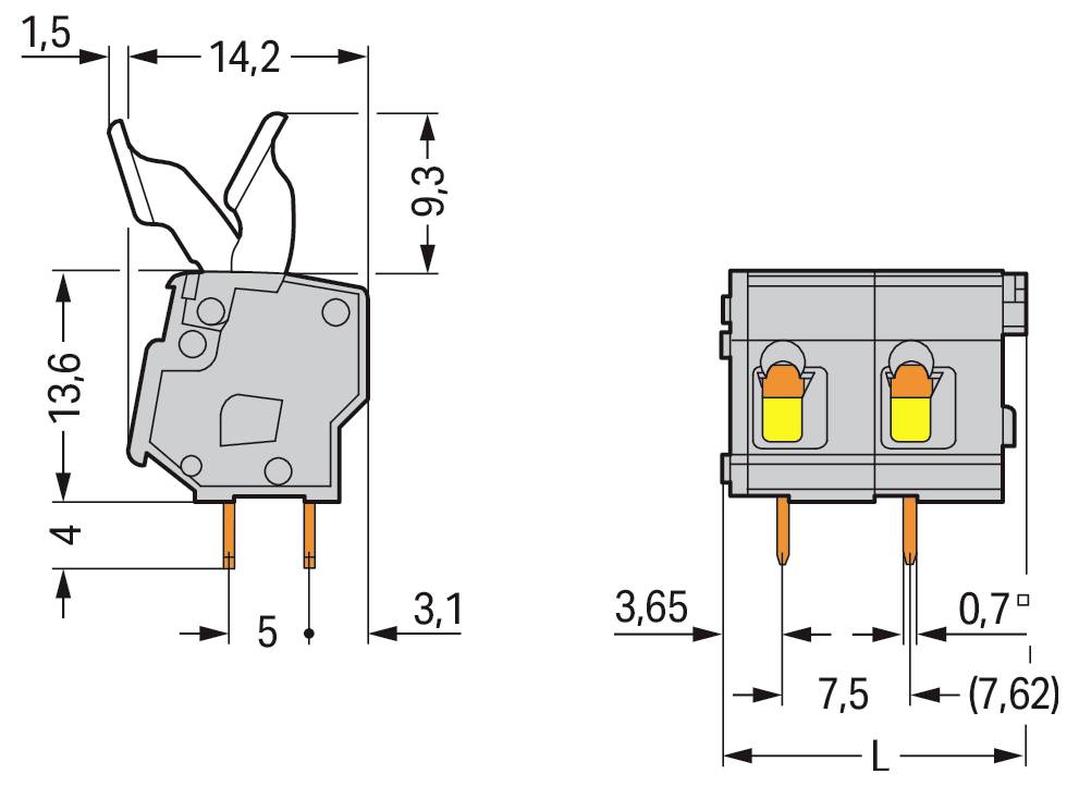 'Technisch diagram van een elektrische schakelaar met twee aanzichten. Afmetingen zijn aangegeven in millimeters: 14.2, 13.6, 9.3, 3.65, 3.1, 7.5, 7.62, en 5.'