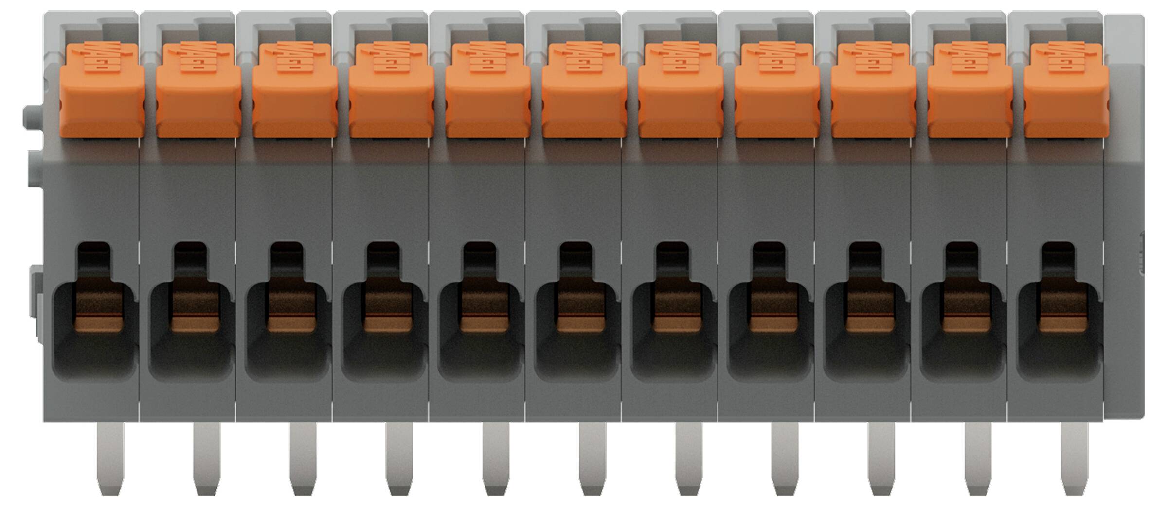 'Een close-upafbeelding van een grijze en oranje aansluitblok met meerdere aansluitpunten, gebruikt voor elektrische bedrading systemen.'