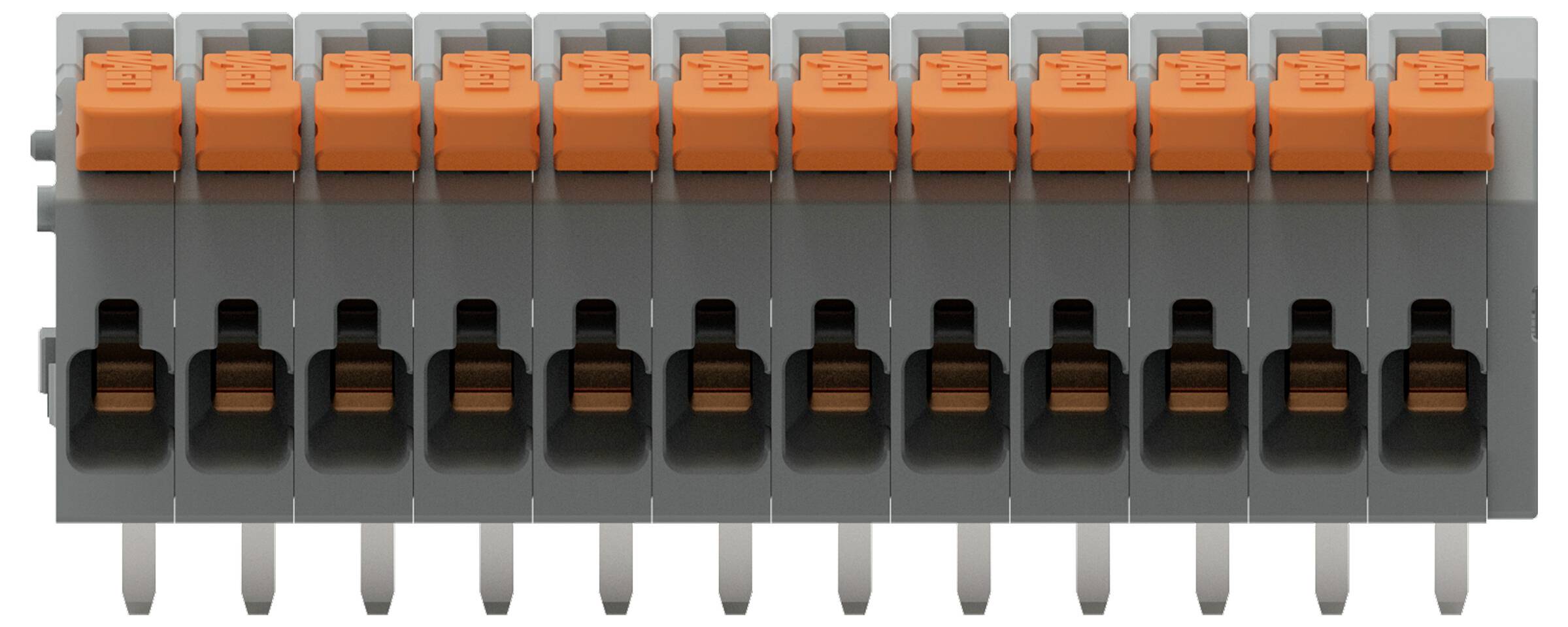 Een rij grijze en oranje elektrische klemmenblokken met meerdere aansluitingen, gebruikt voor draadverbindingen in elektrische systemen.