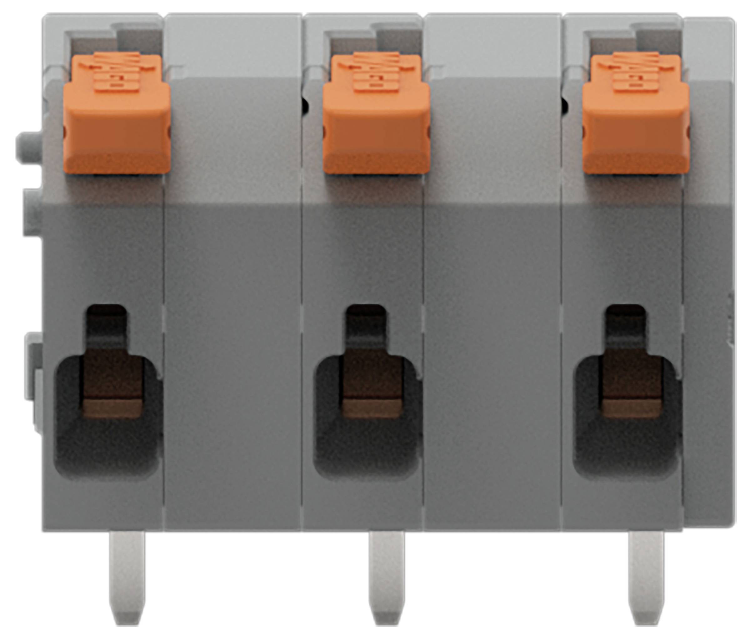 Een vierpolige oranje en grijze elektrische aansluitingsklem met hefboomconnectoren, die veilige draadverbindingen in elektrische circuits mogelijk maakt.