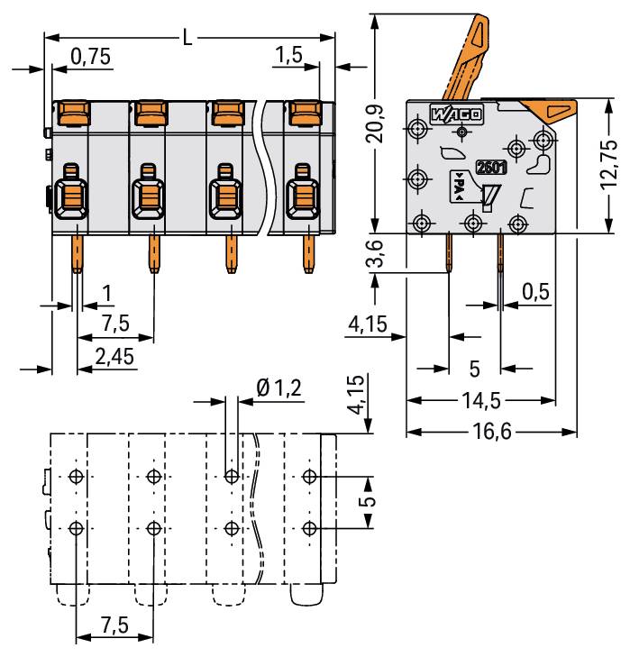 'Technische tekening van een WAGO elektrische component met afmetingen in millimeters. Toont voor-, boven- en zijzichten met gelabelde metingen.'