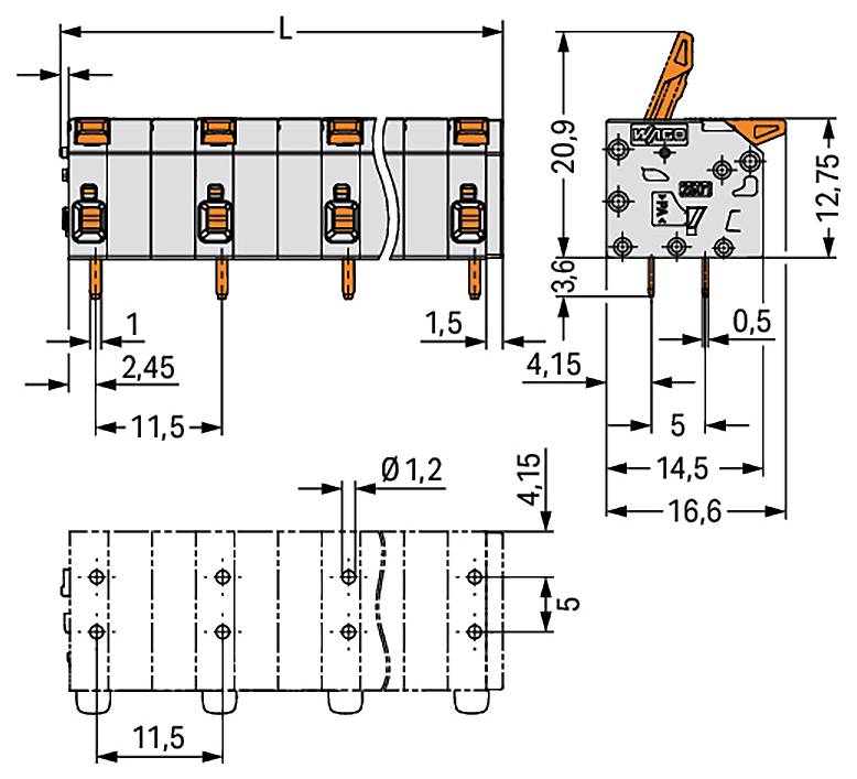 Een technisch schema van een elektrische connector met afmetingen en hoeken. Bevat gelabelde metingen voor lengte, breedte en gatdiameters.