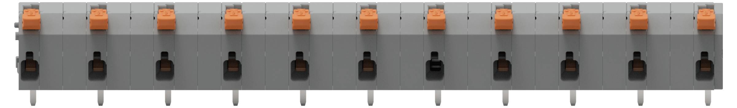 Een rij van tien grijze elektrische schakelaars, elk met een oranje schakelaar, gemonteerd op een rail, ontworpen voor overbelastingsbeveiliging.
