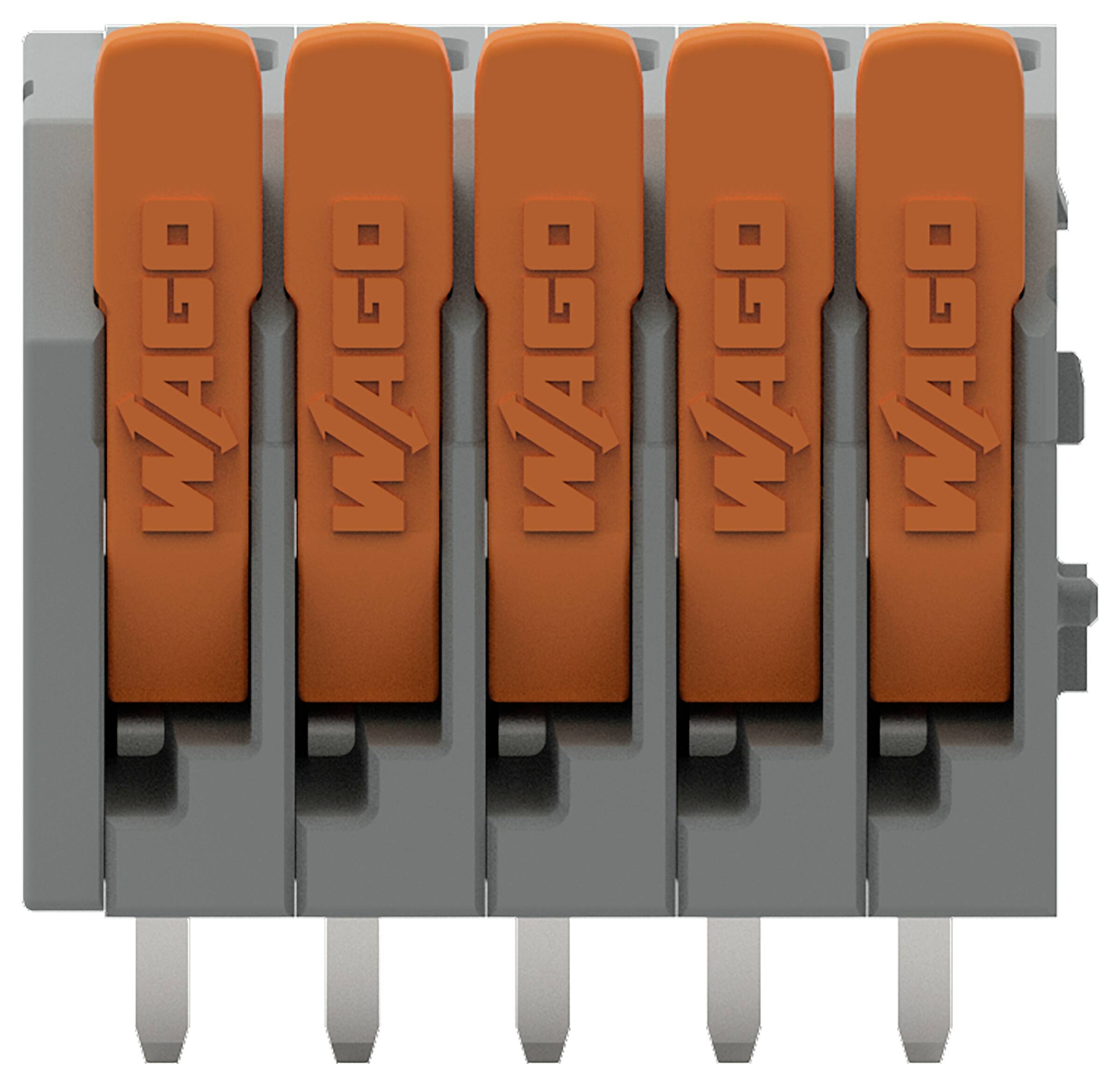 Een grijze en oranje WAGO-connector met vijf aansluitpunten, ontworpen voor snelle, gereedschapsloze elektrische verbindingen.