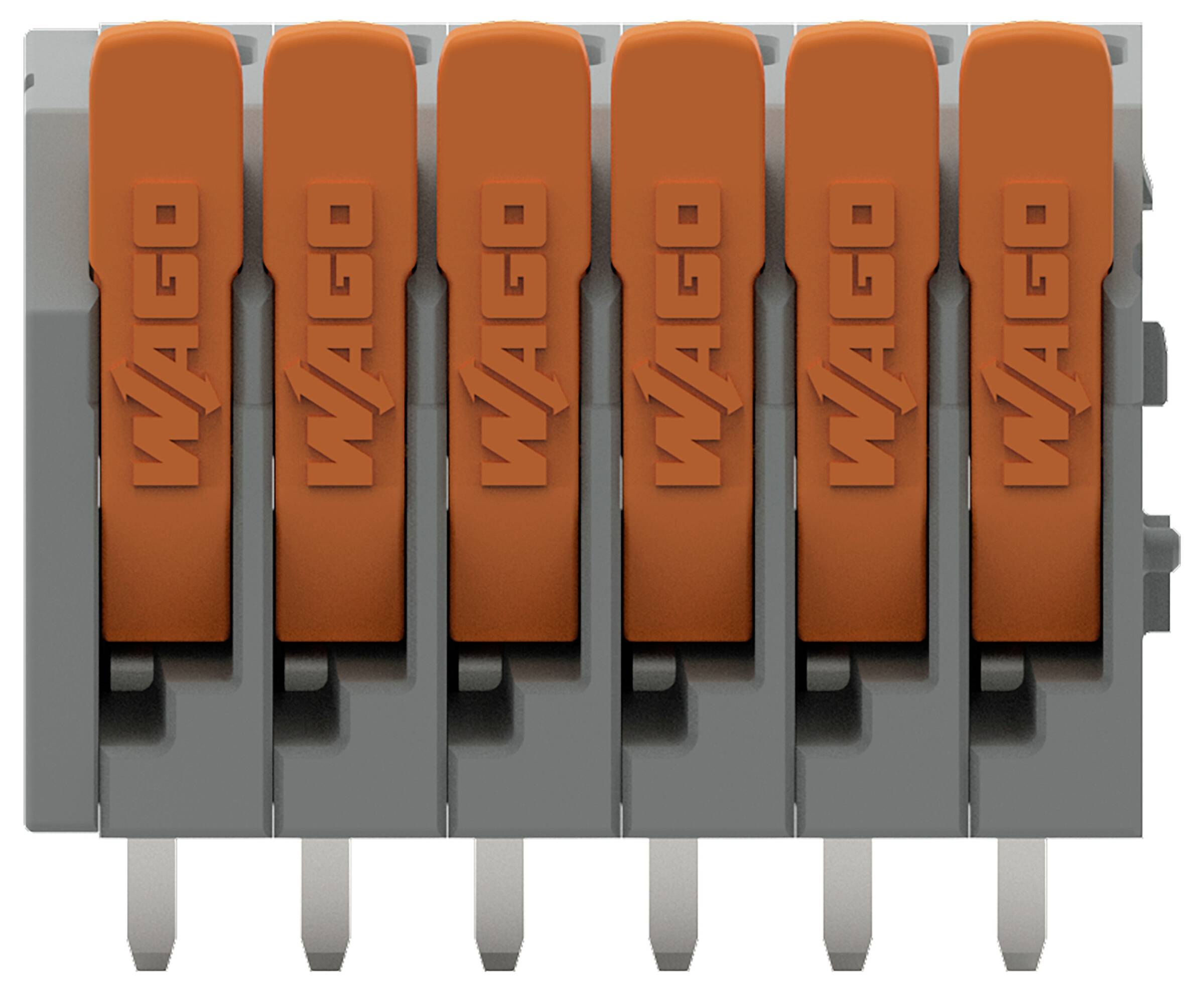 'WAGO' gelabelde elektrische connectors met zes oranje hendels op een grijze basis, ontworpen voor efficiënt verbinden van elektrische draden.