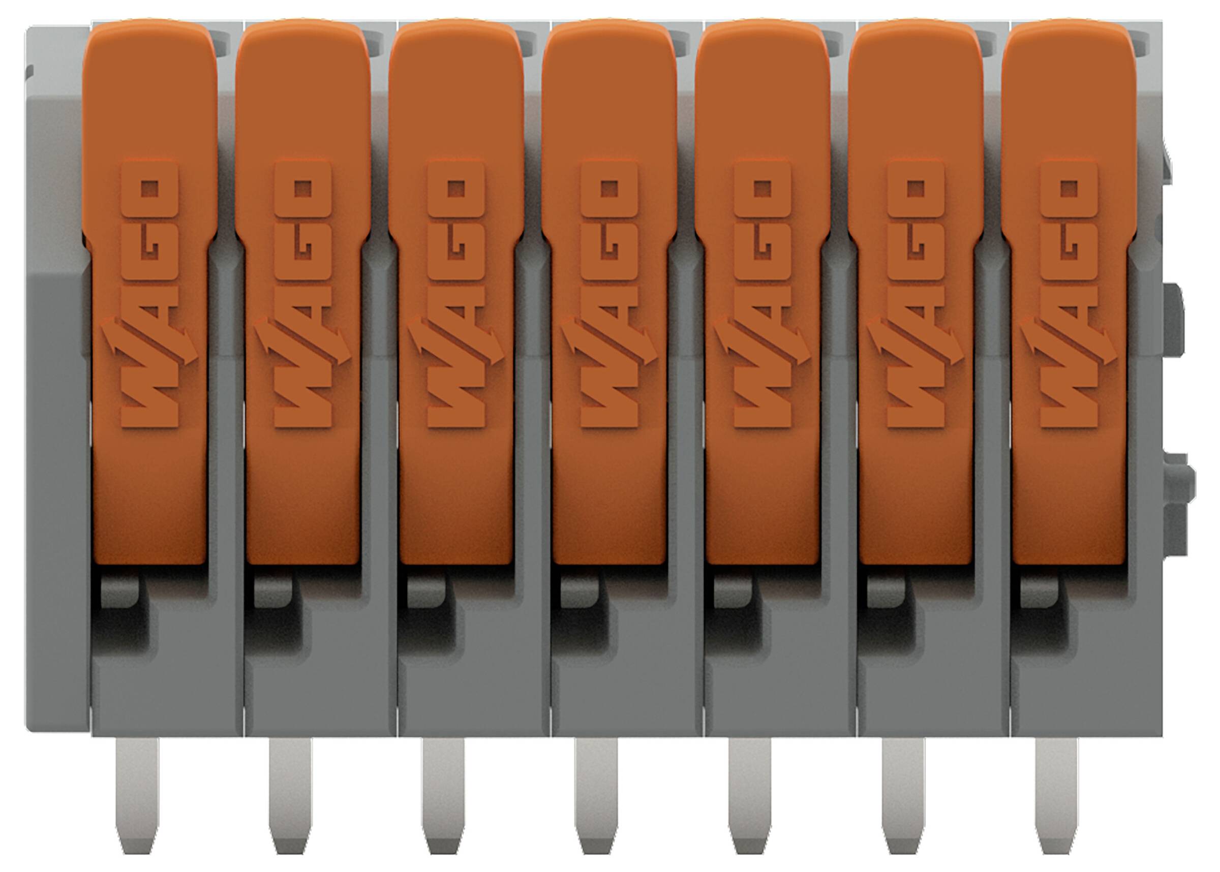 'Een rij van zeven grijze elektrische stroomonderbrekers, elk met een oranje schakelaar in de uitgeschakelde positie, samen in een lineaire configuratie gemonteerd.'
