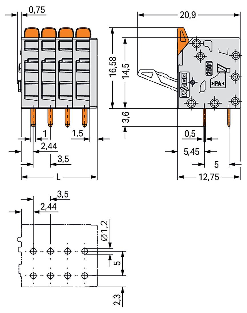 'Technisch diagram van een connector met afmetingen aangegeven in millimeters, inclusief details van pinafstand en totale connectorafmeting.'