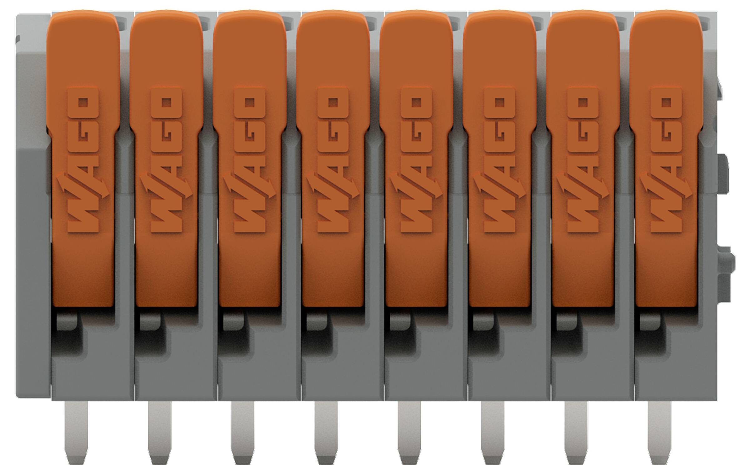 Een afbeelding van een grijs en oranje Wago klemmenblok met acht aansluitingspunten, die algemeen wordt gebruikt voor elektrische bedrading-toepassingen.