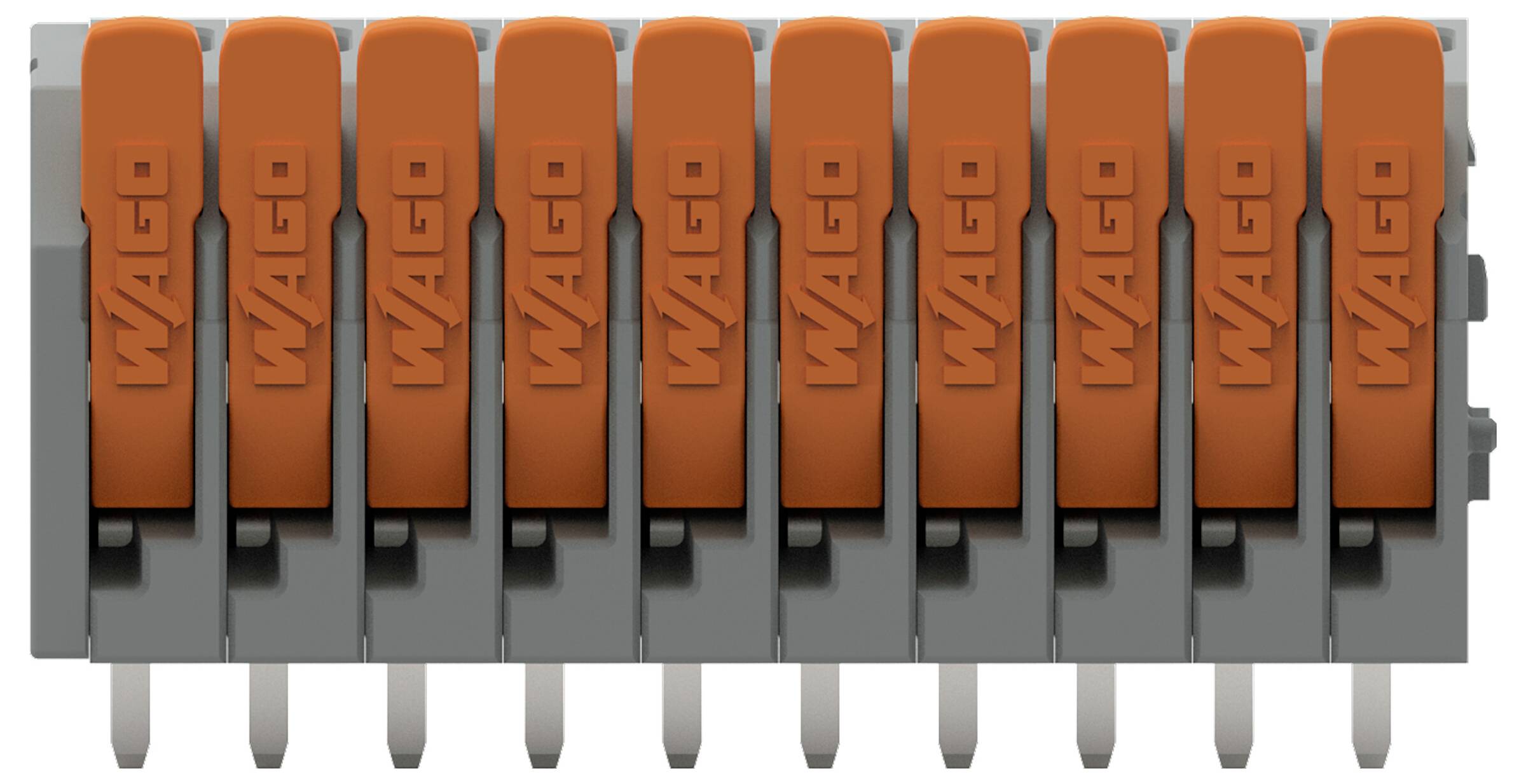 Een grijs en oranje elektrische aansluitingsblok met tien secties gelabeld 'Wago', ontworpen voor gemakkelijke draadverbindingen.