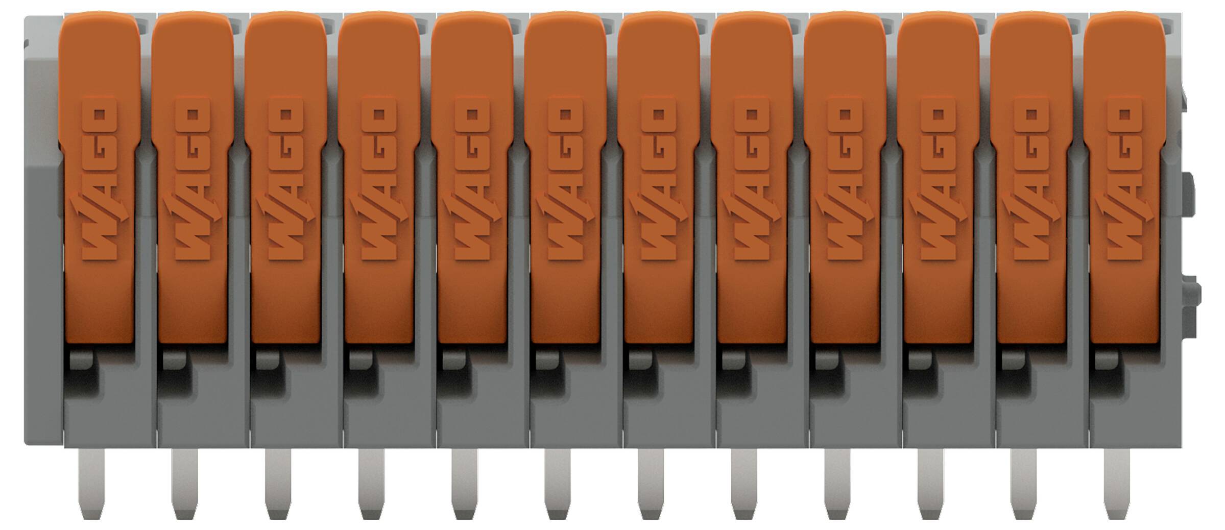 'WAGO elektrische connectoren met oranje hendels, gebruikt voor het beveiligen van elektrische draden, in een rij gerangschikt voor gemakkelijke toegang en zichtbaarheid.'