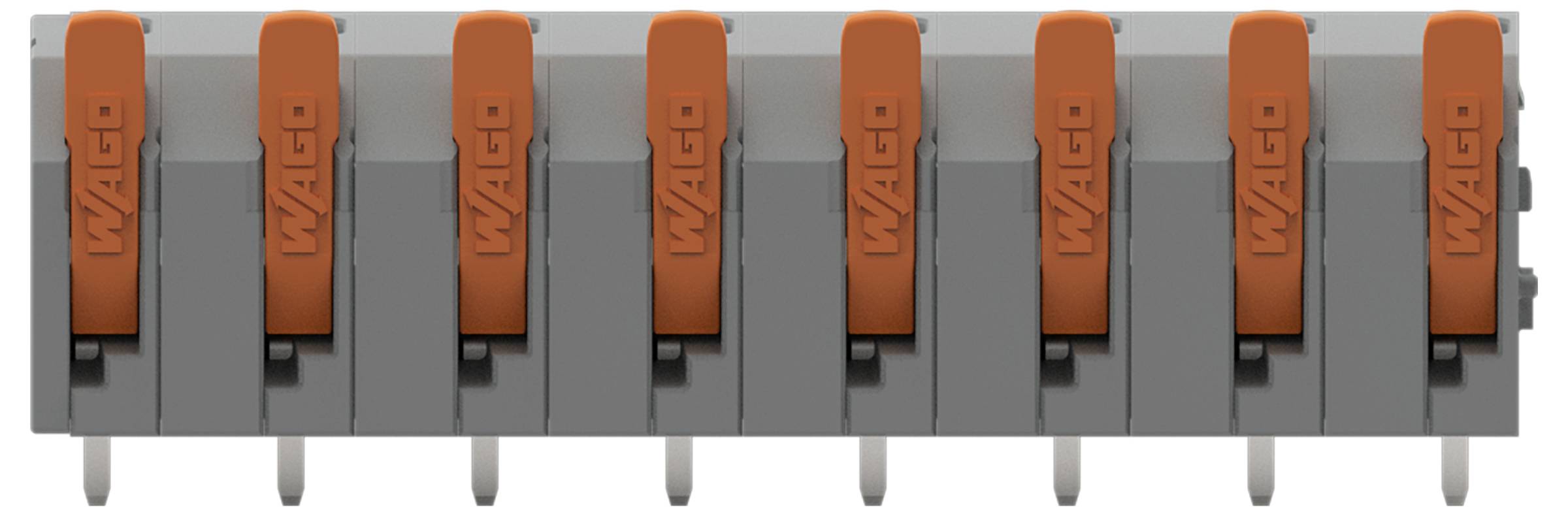 Een rij van tien oranje en grijze WAGO-elektische aansluitingen op gelijke afstand van elkaar, die hun compacte ontwerp voor veilige draadverbindingen laten zien.