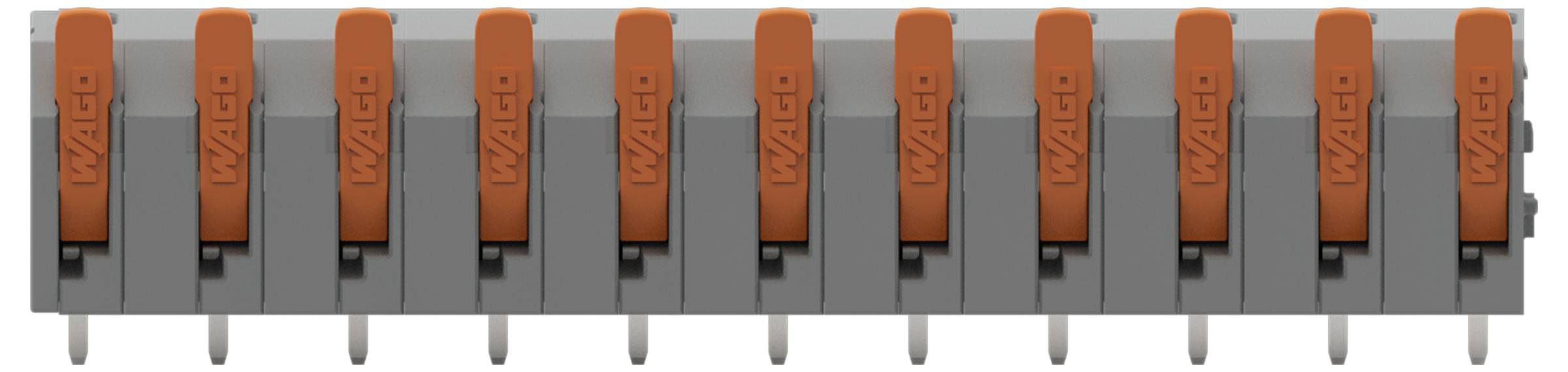 'WAGO' elektrische aansluitklem met tien oranje hendels in de open positie, gebruikt voor het verbinden van meerdere draadverbindingen.