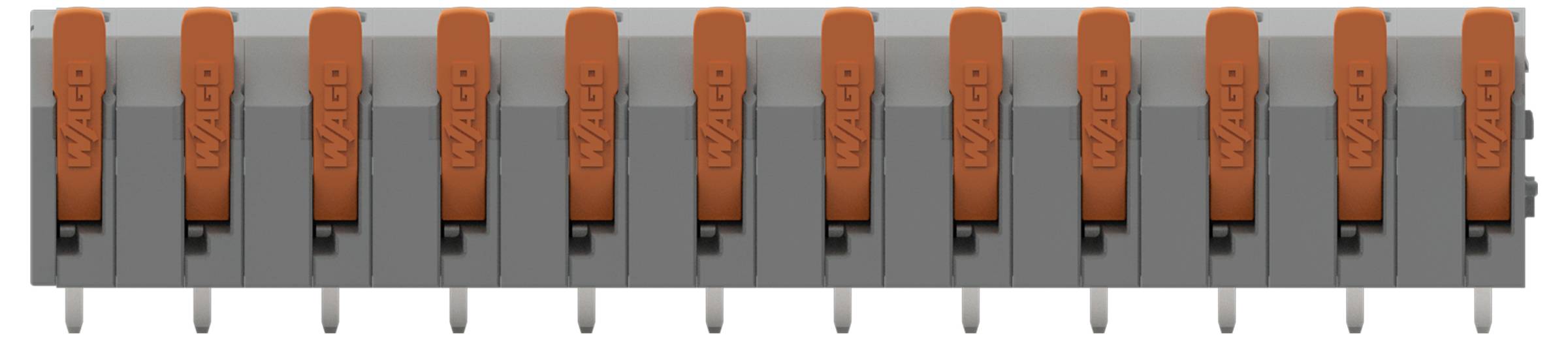 Een rij van twaalf oranje en grijze elektrische connectoren met het label 'WAGO', horizontaal gerangschikt voor bedrading en elektrische verbindingen.
