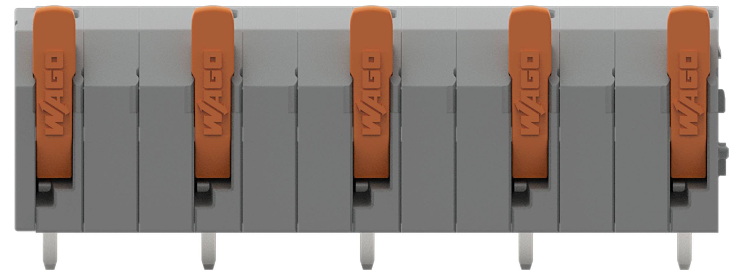 Een grijs elektroterm inalblok met vijf oranje hefbomen gelabeld 'WAGO', gebruikt voor draadverbindingen in elektrische installaties.