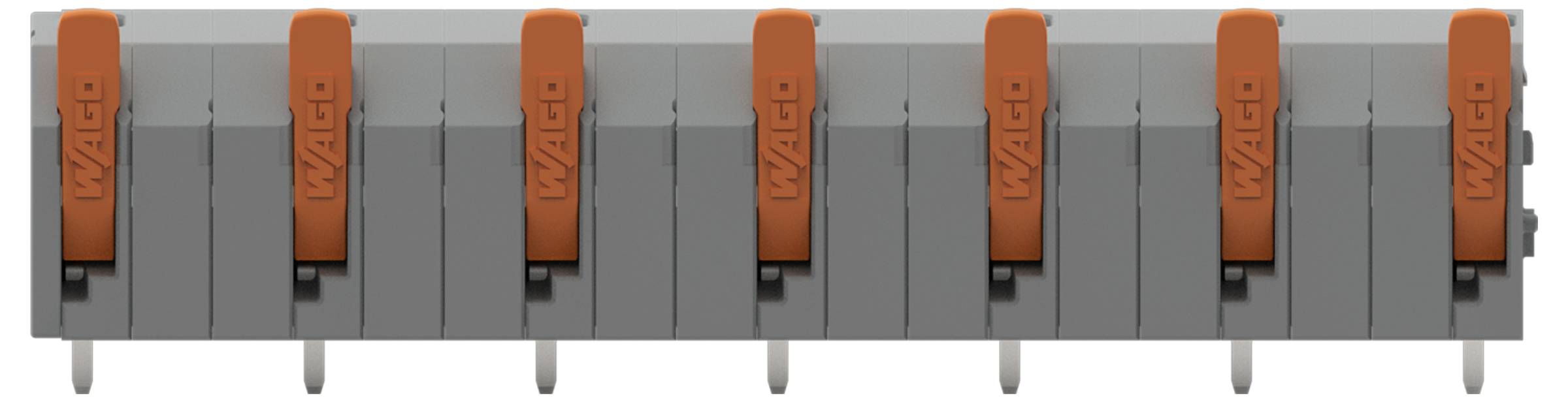 'WAGO' gelabelde elektrische connectoren in een rij, elk met een oranje hefboom.