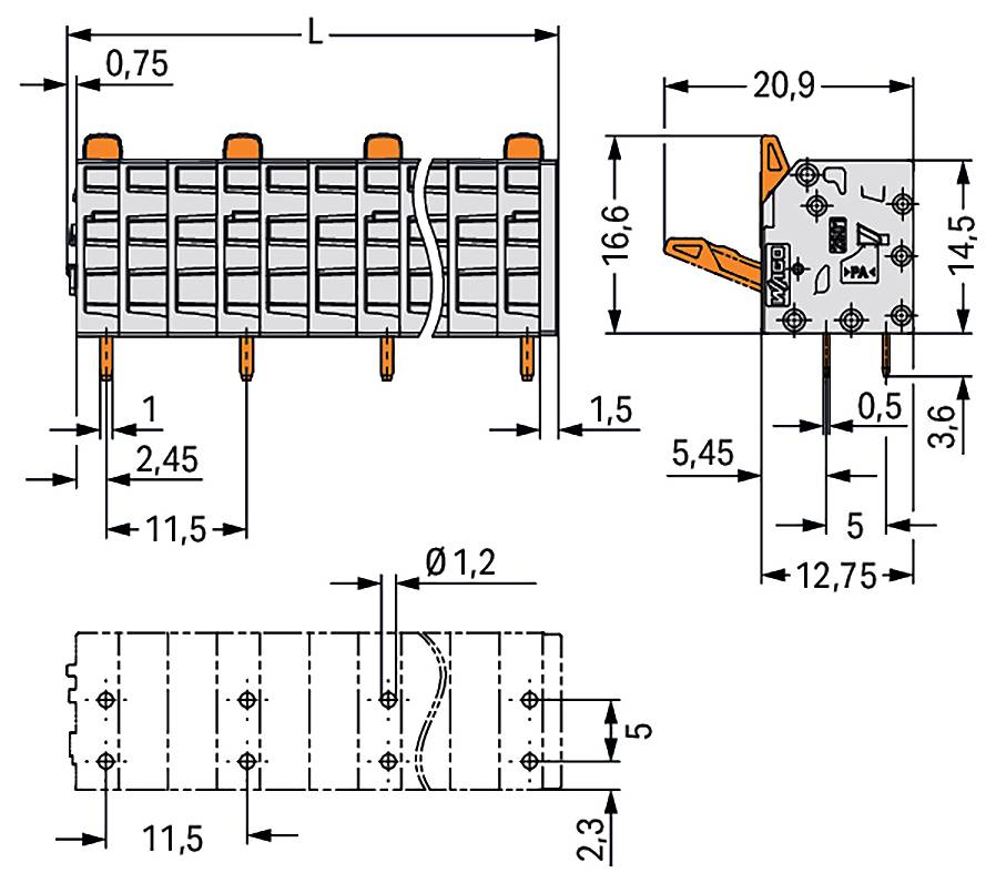 Technisch diagram van een elektrische component met gedetailleerde afmetingen in millimeters, met zijkanten en onderaanzichten met aansluitingen en labels.