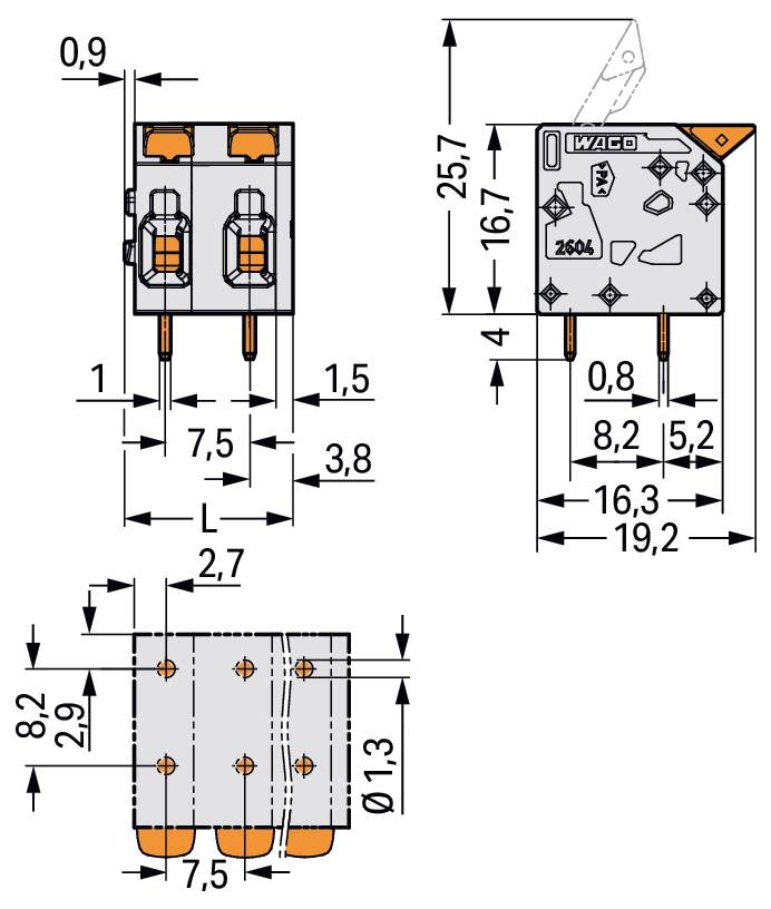 'Technisch diagram van een WAGO-klemmenblok met afmetingen en componentindeling, inclusief metingen in millimeters.'