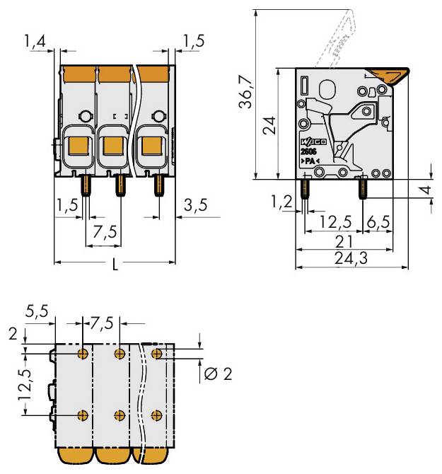 'Technische tekening van een driepolige connector met afmetingen aangegeven in millimeters. Voor-, zij- en bovenaanzicht worden weergegeven voor gedetailleerde metingen.'
