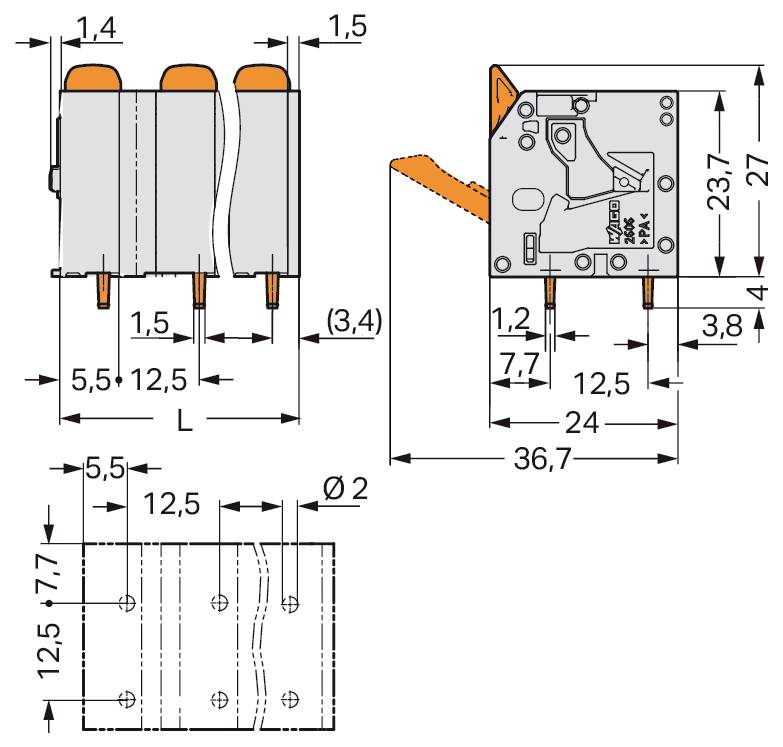 'Technisch diagram van een relaisschakelaar met zijde-, voor- en bovenaanzicht met afmetingen in millimeters, inclusief lengte, breedte en hoogte.'