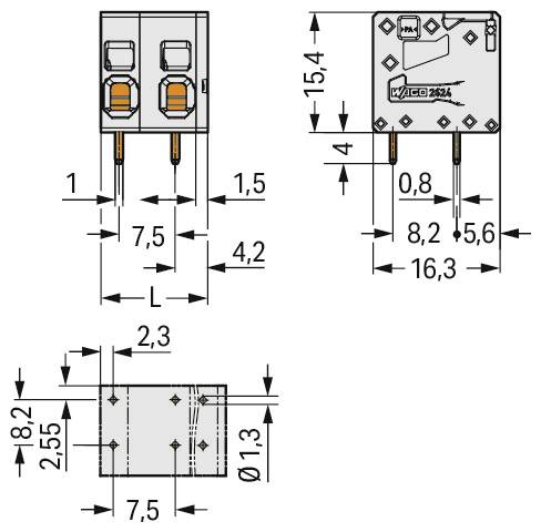'Technische tekeningen van een elektronische component met afmetingen aangegeven in millimeters; omvat voor-, zij- en bovenaanzicht.'