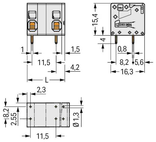'Technische tekening van WAGO 236-402 relaisvoet met afmetingen: hoogte 18,2 mm, breedte 16,3 mm, lengte 11,5 mm. Pinafstand 4,2 mm.'