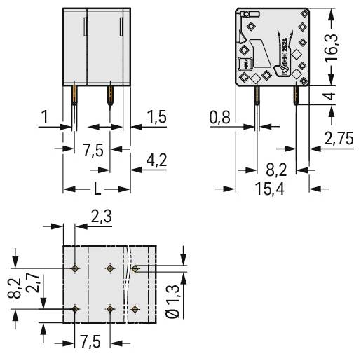 Technische illustratie van een elektronisch onderdeel met afmetingen in millimeters. Omvat drie aanzichten die hoogte, breedte en aansluitingspunten tonen.