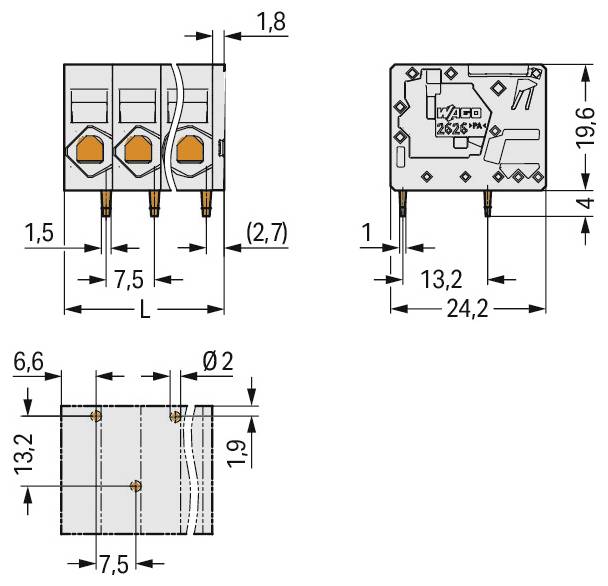 'Technische tekening van een oranje klemmenblok met afmetingen: 7,5mm hoogte, 20,4mm breedte en 14,7mm diepte, met meerdere weergavehoeken.'