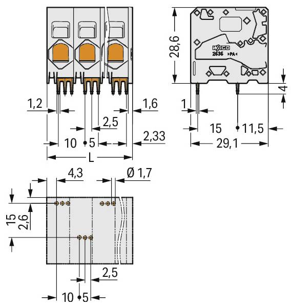 'Afmetingen driepolige aansluitklem: totale hoogte 28,6 mm, breedte 10,5 mm, lengte 31 mm; bevat gedetailleerde afmetingen in millimeters.'
