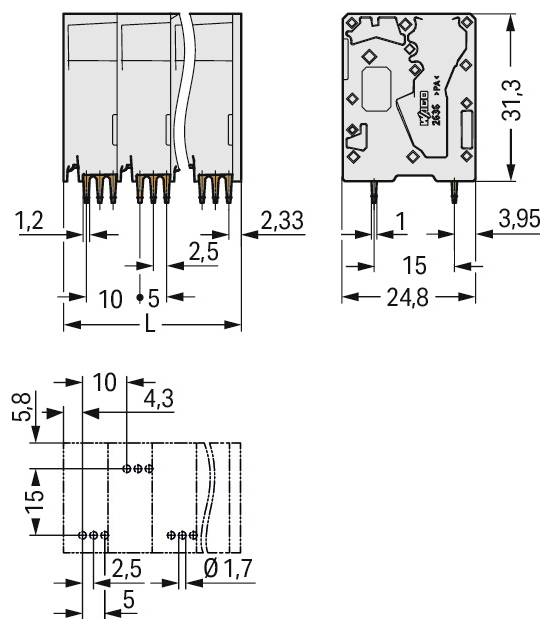 'Schema van een elektrische component met afmetingen: 31,3 mm hoogte, 24,8 mm lengte, 1,2 tot 10,5 mm breedte en penafmetingen.'