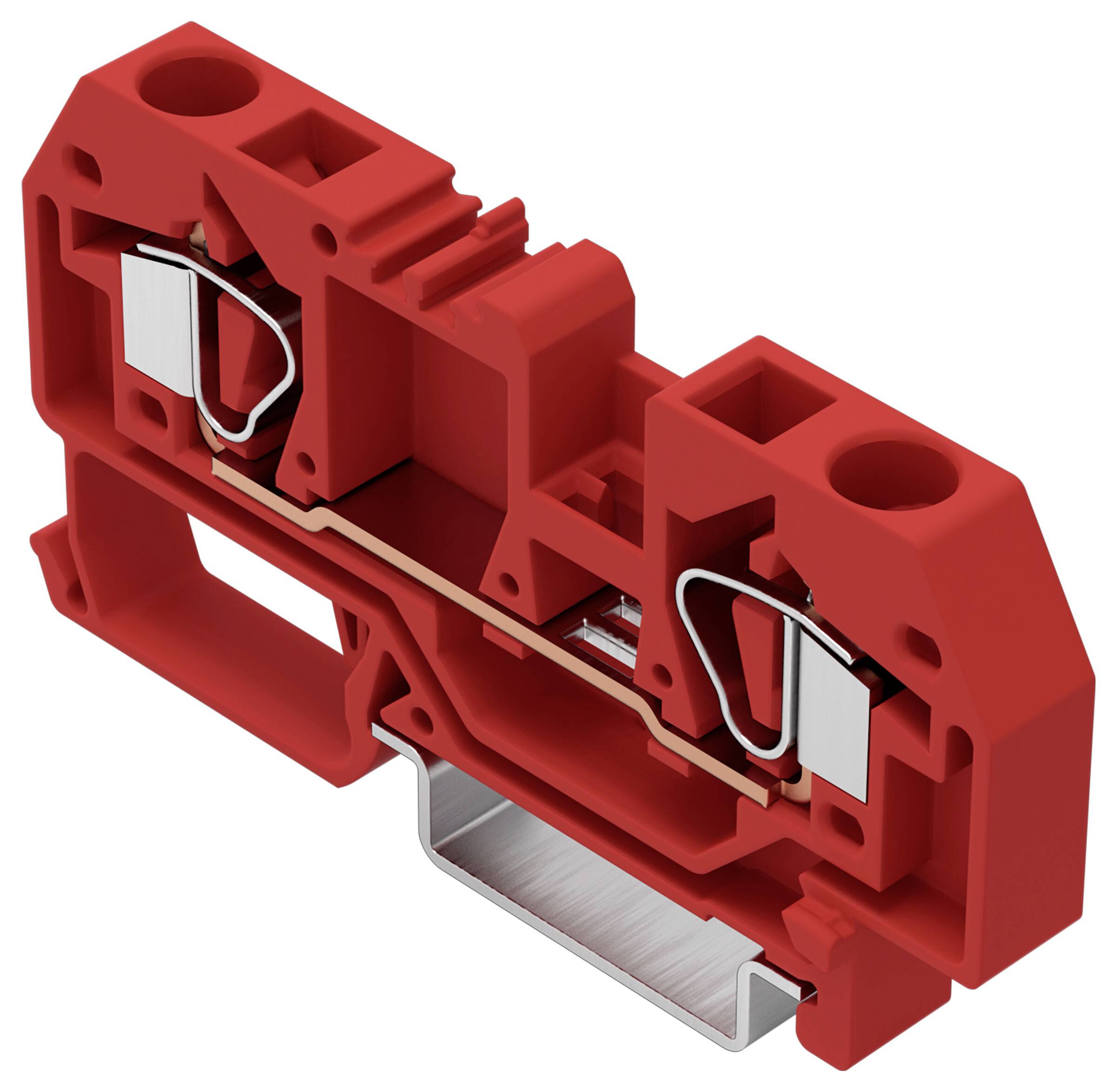 Een rode draadklemmenblok met een metalen geleider en twee bevestigingsgaten voor het aansluiten van elektrische componenten in een circuit.