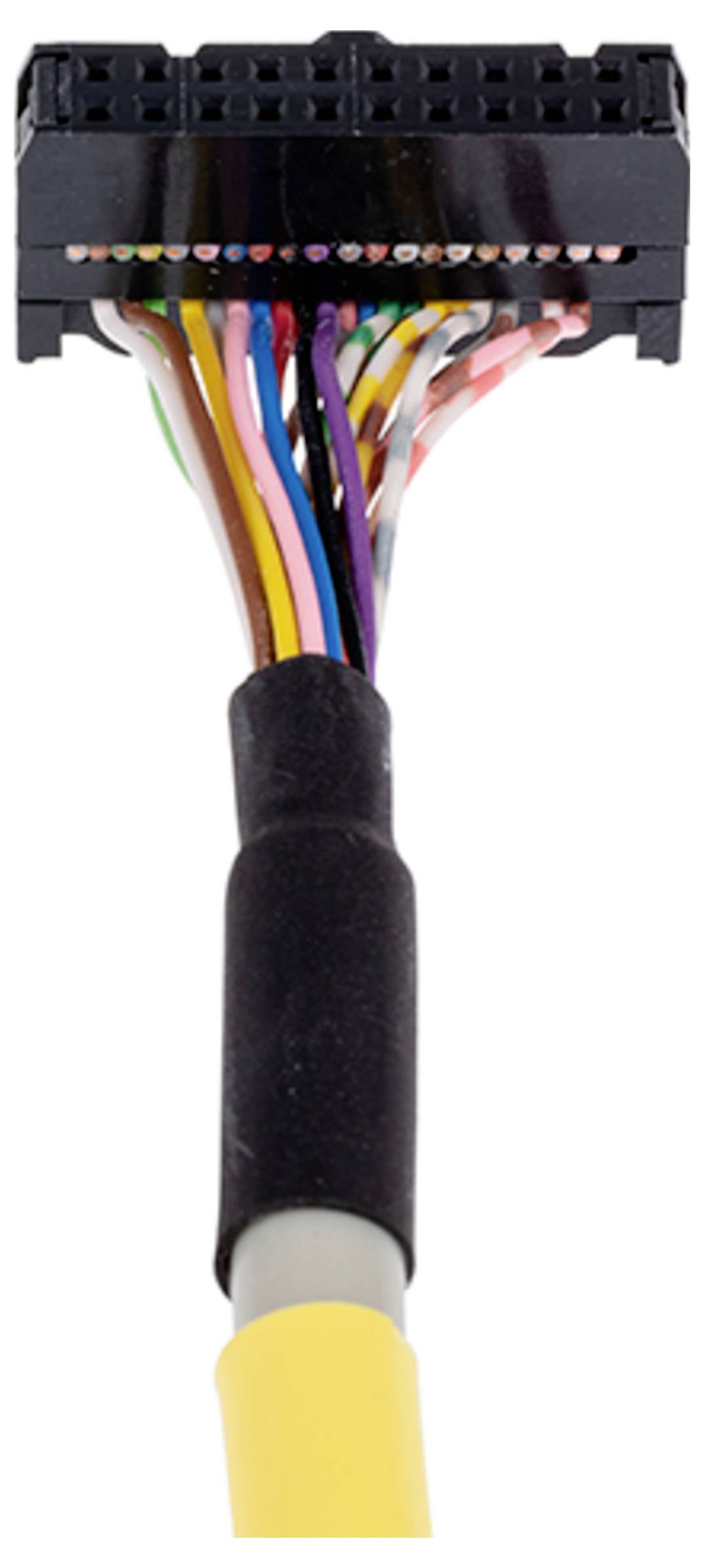 Een close-up van een meerkleurige snoerkabelsamenstel met een zwarte connector, waarop de afzonderlijke draadkleuren en aansluitingen duidelijk zichtbaar zijn.