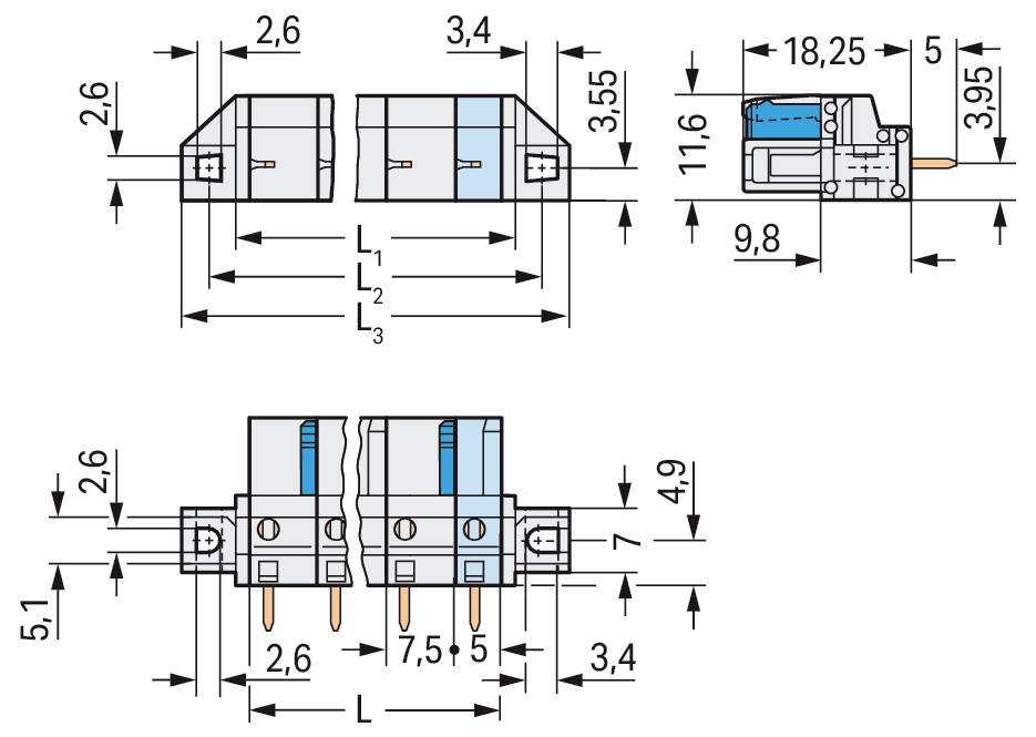 'Technisch diagram van elektronische connectoren met afmetingen in millimeters, waarin vooraanzicht, bovenaanzicht en zijaanzicht worden getoond. Belangrijke dimensies zijn gelabeld, zoals breedte, hoogte en afstand.'