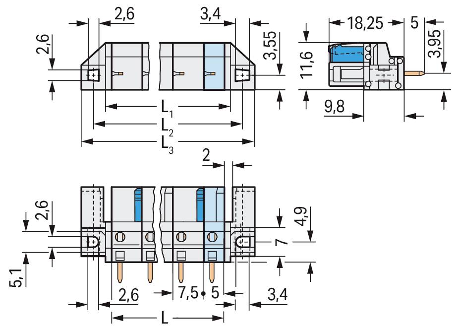 'Technisch diagram met afmetingen en ontwerp van een elektrische component, met meerdere aanzichten en metingen in millimeters.'
