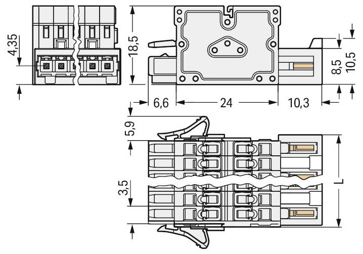 'Technisch diagram van een elektrische component met gedetailleerde afmetingen in millimeters, met voor-, zij- en bovenaanzichten.'
