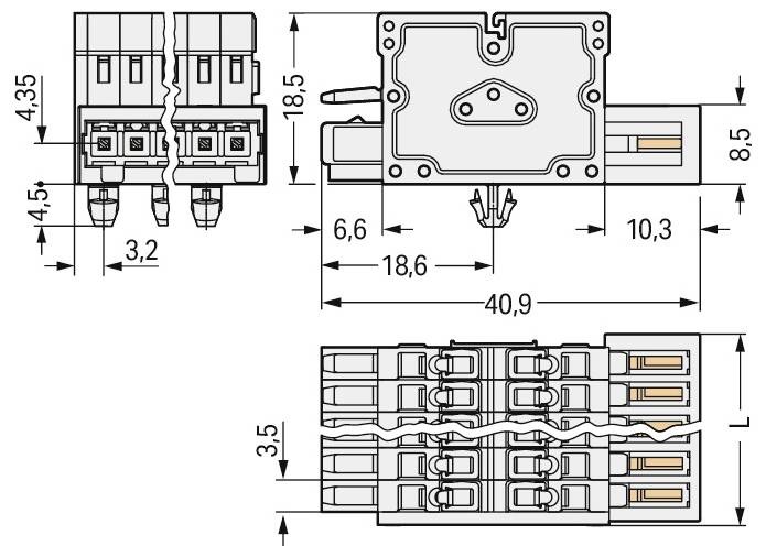 'Technisch schema van een elektrische component met afmetingen van 4,35, 4,5, 3,2, 6,6, 18,6, 40,9, 3,5, 10,3, 18,6 en 8,5 mm.'