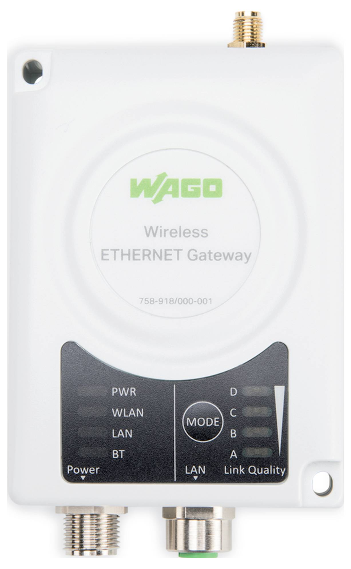 'WAGO Wireless ETHERNET Gateway' apparaat met indicatielampjes en aansluitingen voor voeding, WLAN, LAN en verbindingskwaliteit.