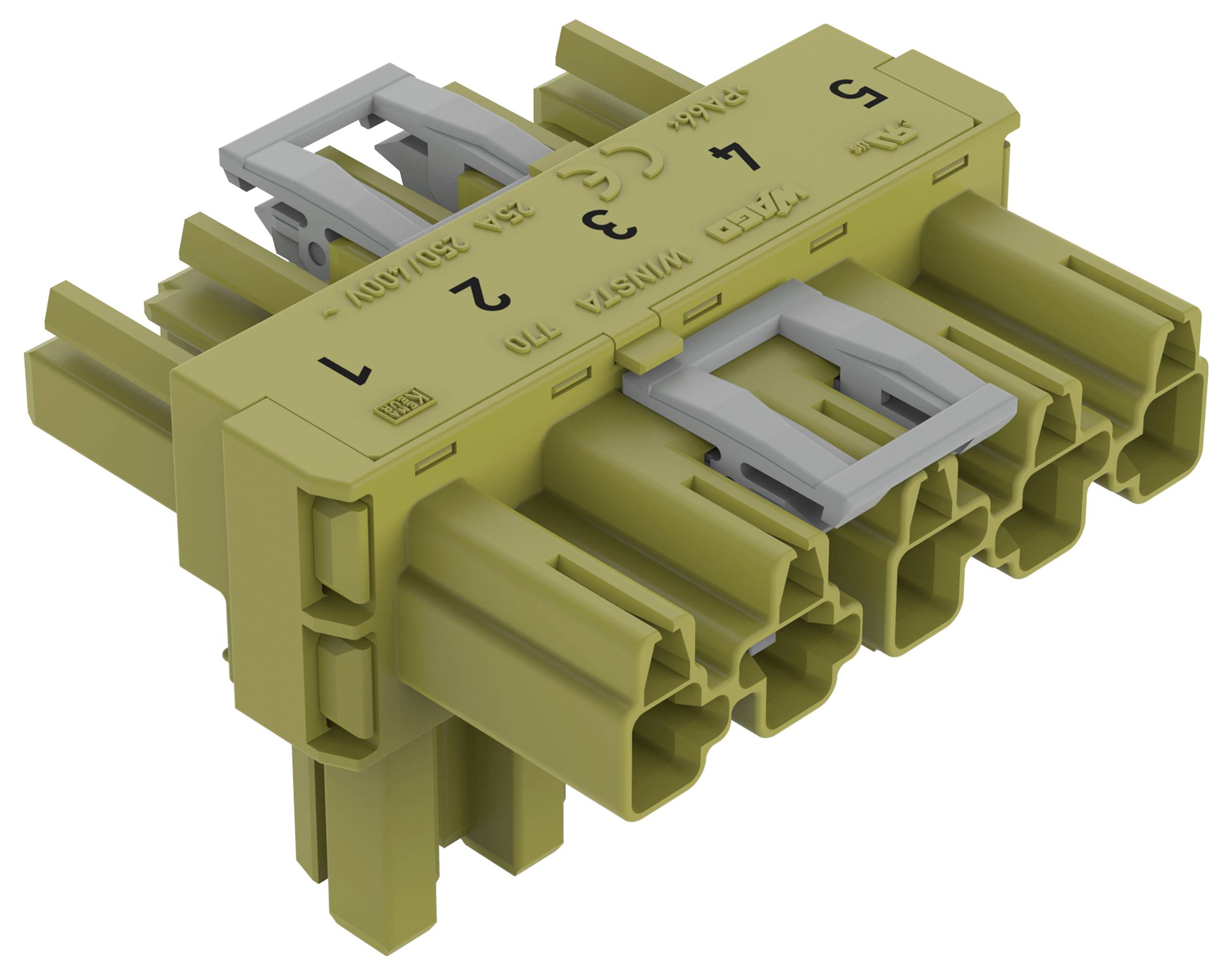 'Gele 8-pins elektrische connector met twee vergrendelingsklemmen, gelabeld 1 tot 8 in zwart. Ontworpen voor veilige elektrische verbindingen.'
