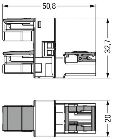 Technische tekening met afmetingen van een elektrische connector, met een breedte van 50,8 mm en een hoogte van 32,7 mm; inclusief bovenaanzicht en zijaanzicht.
