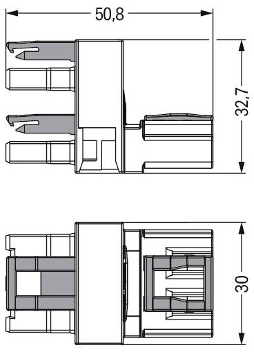 'Technische tekening van een relaisvoet met afmetingen. Breedte: 50,8 mm, Hoogte: 32,7 mm, Diepte 30 mm. Toont bovenaanzicht en zijaanzicht.'