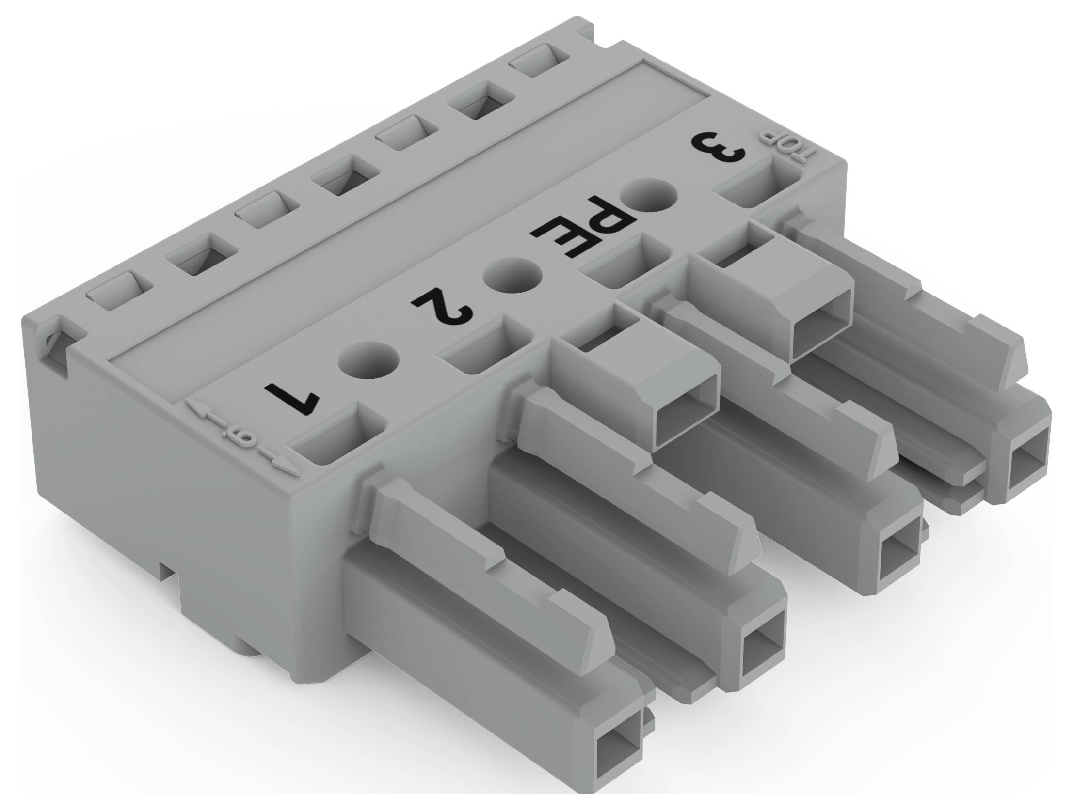 Een grijze elektrische aansluitrail met labels 'PE', '1', '2', '3' die verbindingspunten voor bedrading aangeven.