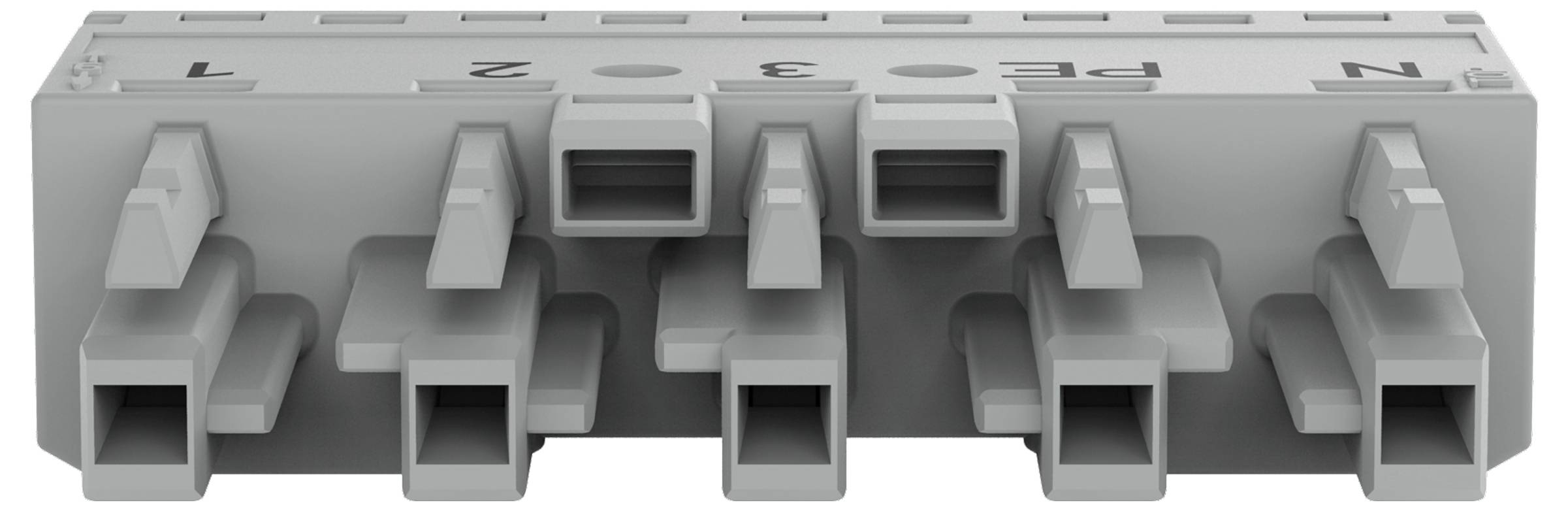 Een grijze elektrische connector met zes sleuven, gelabeld L, T, R, 3, Z en N, toont een rij rechthoekige pennen voor bedradingsverbindingen.