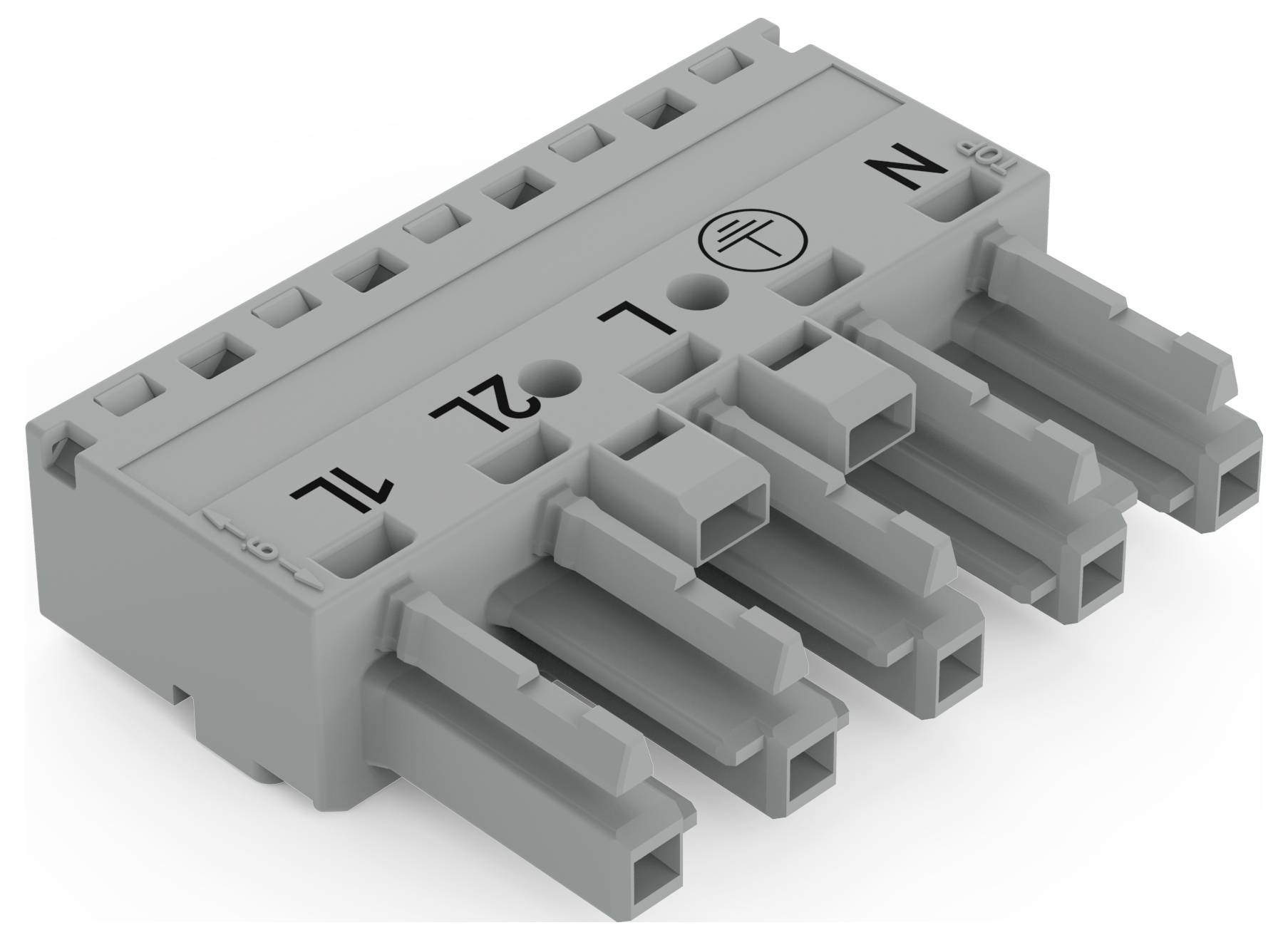 'Een grijze elektrische connector met meerdere rechthoekige aansluitingen gelabeld L1, L2, N en symbool voor elektrische aarding.'